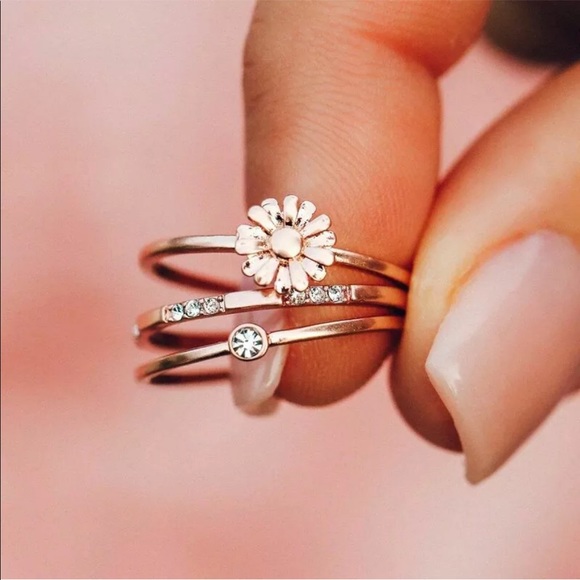 New 3pcs Fashion Rose Gold Flower Rings White Sap - Picture 2 of 2